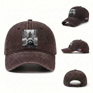 Funny Racoon With Bigfoot Selfie Christmas Washed Cotton Baseball Cap TS14 Washed Cap Universal Fit Dark Brown Print Your Wear