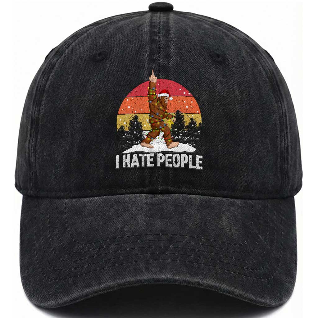 Funny Bigfoot Christmas Washed Cotton Baseball Cap I Hate People TS14 Washed Cap Universal Fit Black Print Your Wear