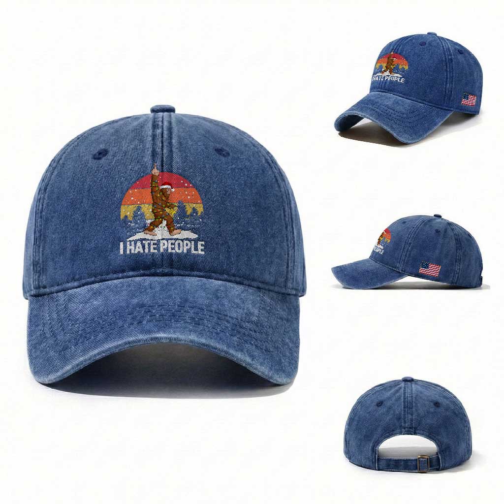 Funny Bigfoot Christmas Washed Cotton Baseball Cap I Hate People TS14 Washed Cap Universal Fit Royal Blue Print Your Wear