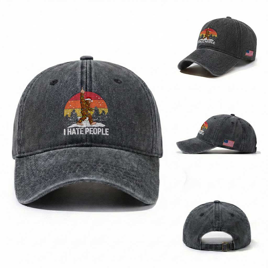 Funny Bigfoot Christmas Washed Cotton Baseball Cap I Hate People TS14 Washed Cap Universal Fit Dark Gray Print Your Wear