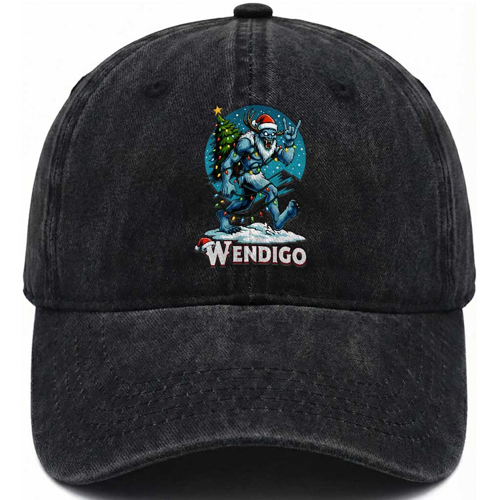 Funny Wendigo Monster Christmas Washed Cotton Baseball Cap Rock On Hand Meme Xmas TS14 Washed Cap Universal Fit Black Print Your Wear