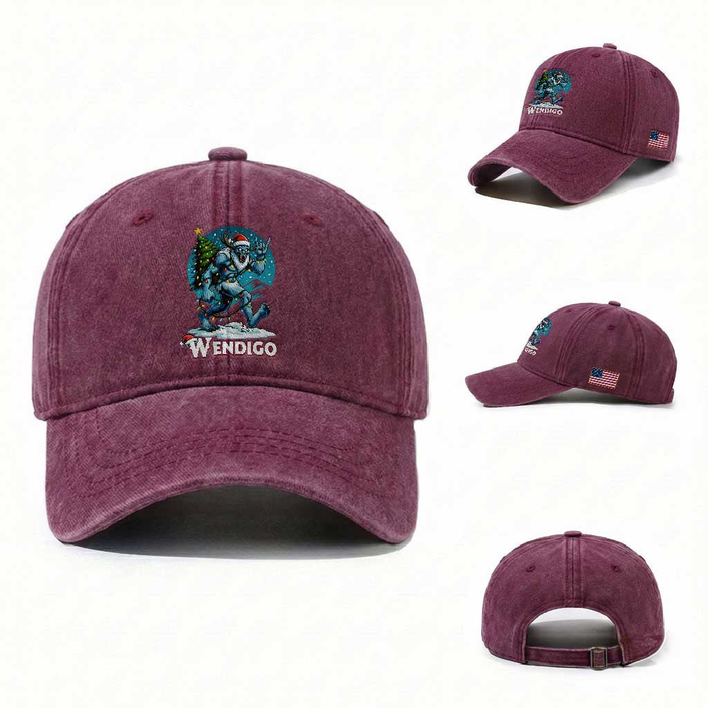Funny Wendigo Monster Christmas Washed Cotton Baseball Cap Rock On Hand Meme Xmas TS14 Washed Cap Universal Fit Burgundy Print Your Wear