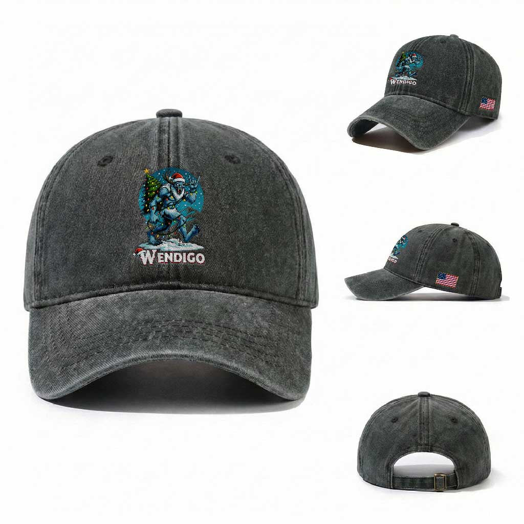 Funny Wendigo Monster Christmas Washed Cotton Baseball Cap Rock On Hand Meme Xmas TS14 Washed Cap Universal Fit Dark Green Print Your Wear