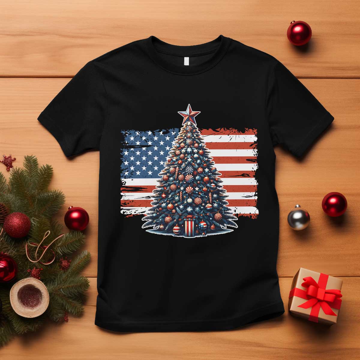 Patriotic American Flag Christmas T Shirt TS14 Black Print Your Wear
