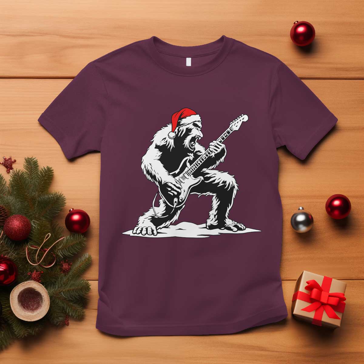 Funny Bigfoot Guitar T Shirt Rock and Roll Christmas TS14 Maroon Print Your Wear