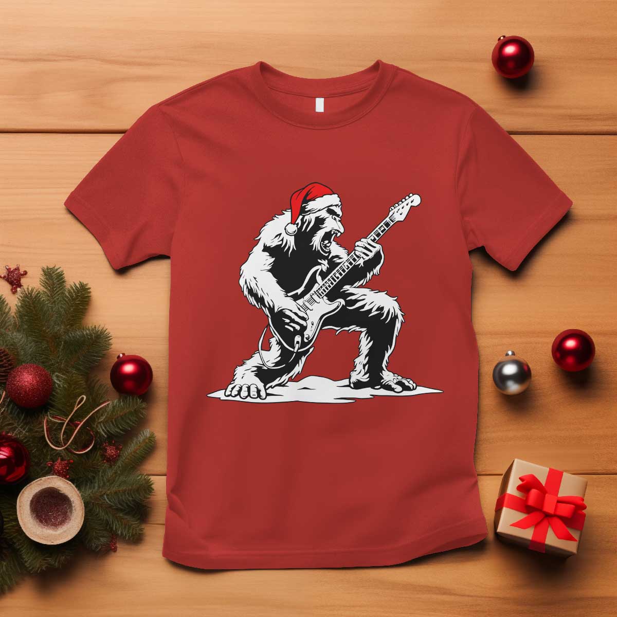 Funny Bigfoot Guitar T Shirt Rock and Roll Christmas TS14 Red Print Your Wear