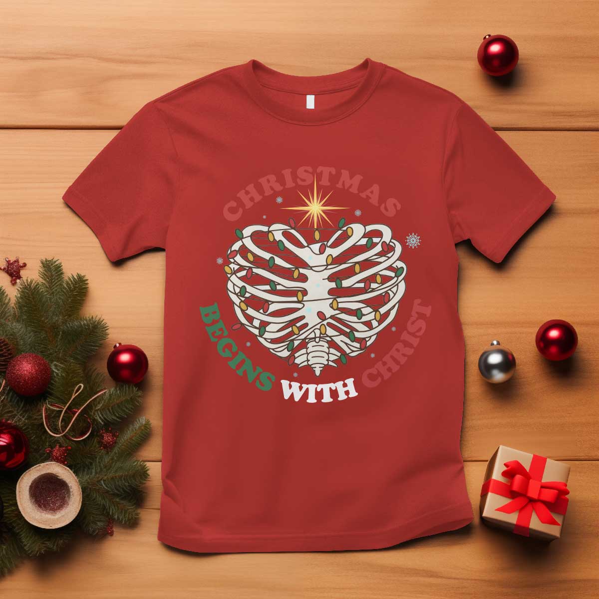 Funny Skeleton Christian T Shirt Christmas Begins With Christ TS14 Red Print Your Wear