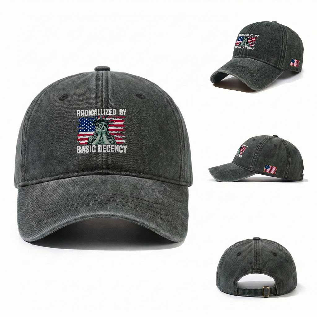 Statue of Liberty Patriotic Washed Cotton Baseball Cap Radicalized By Basic Decency TS14 Washed Cap Universal Fit Dark Green Print Your Wear