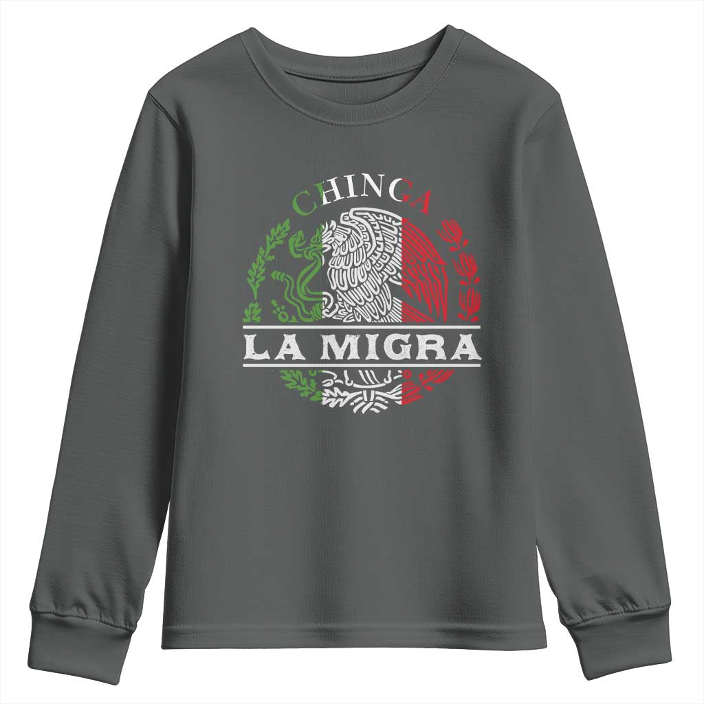 Chinga La Migra Youth Sweatshirt Immigration Rights Anti Fascism Protest TS14 Dark Heather Print Your Wear