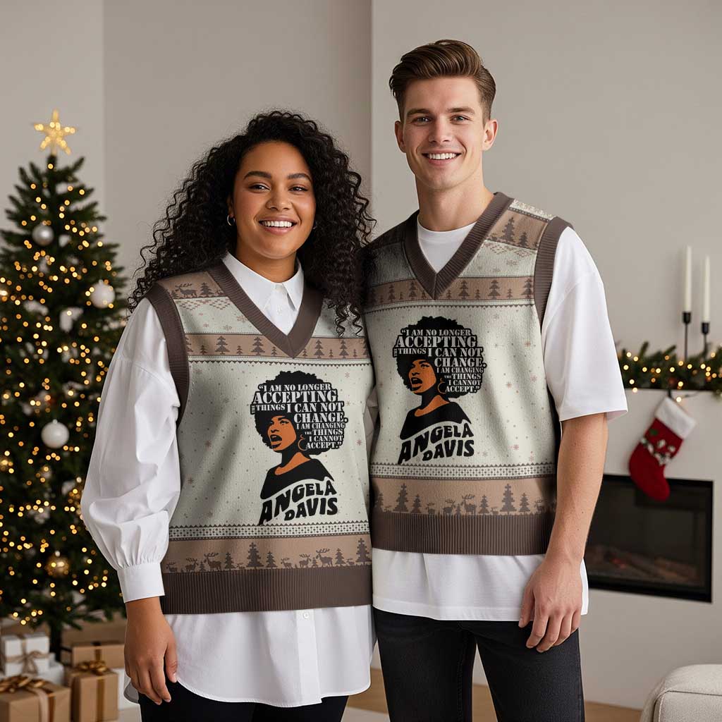 Angela Davis Inspirational Quote V-Neck Knit Sweater Vest I Am No Longer Accepting The Things I Cannot Change TS14 Mocha Mousse Print Your Wear