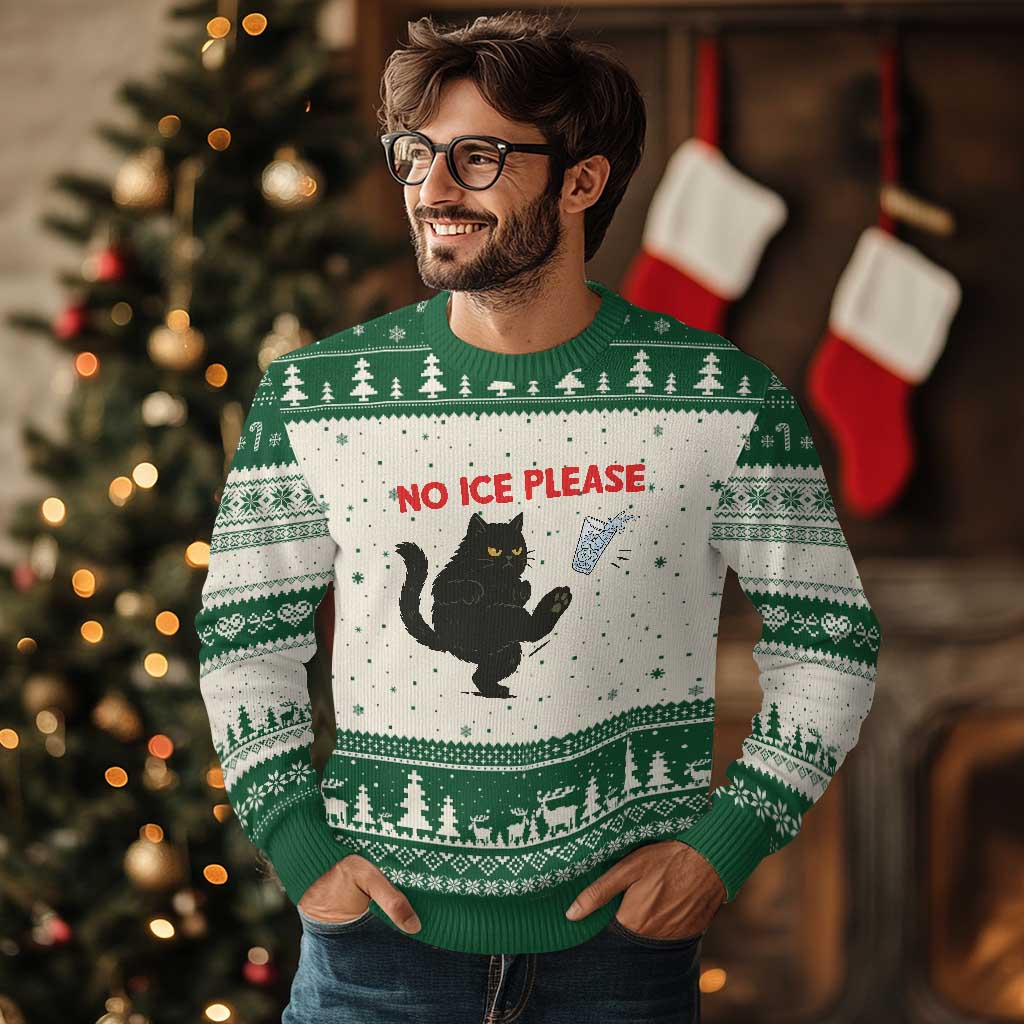 No Ice Please Ugly Christmas Sweater Funny Black Cat Abolish ICE Meme Protest TS14 Beige Green Print Your Wear
