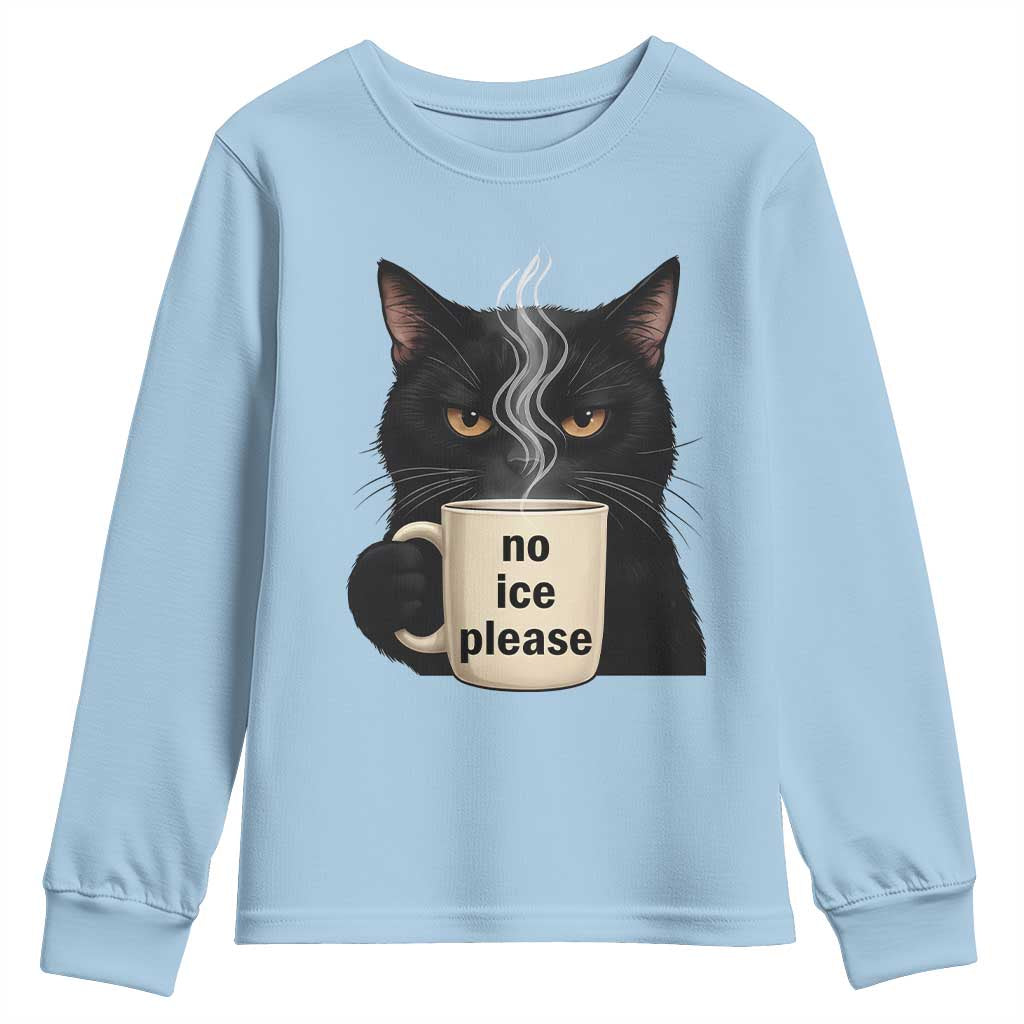 No Ice Please Youth Sweatshirt Funny Black Cat Anti ICE Meme TS14 Light Blue Print Your Wear