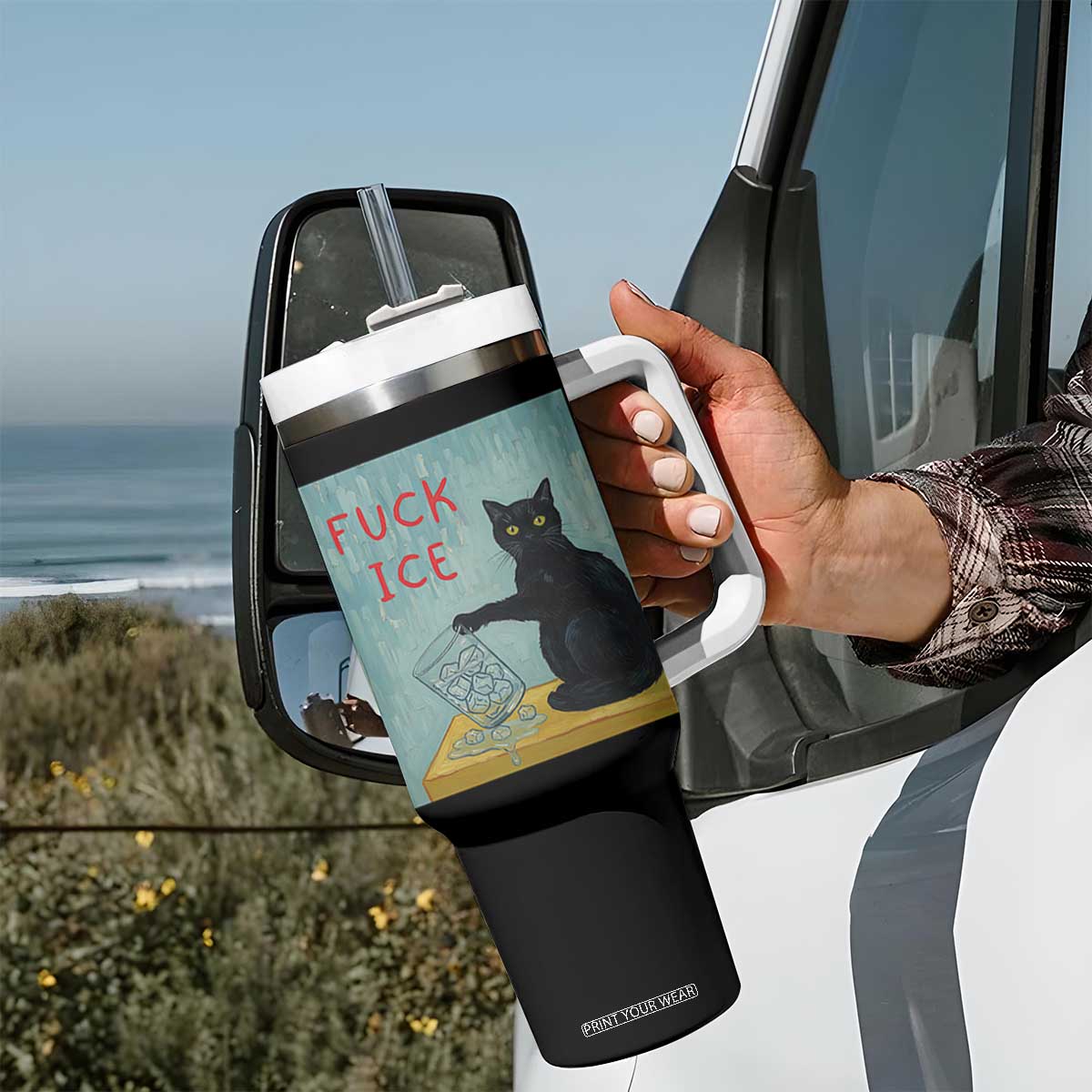 No Ice Please Tumbler With Handle Funny Cat Anti ICE Artist Meme TS14 Print Your Wear