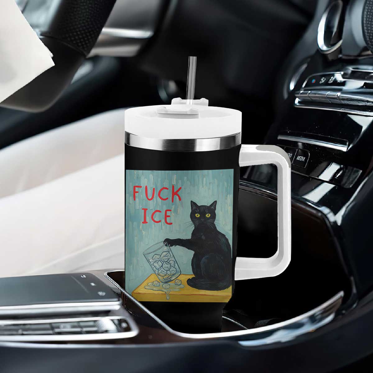 No Ice Please Tumbler With Handle Funny Cat Anti ICE Artist Meme TS14 Print Your Wear