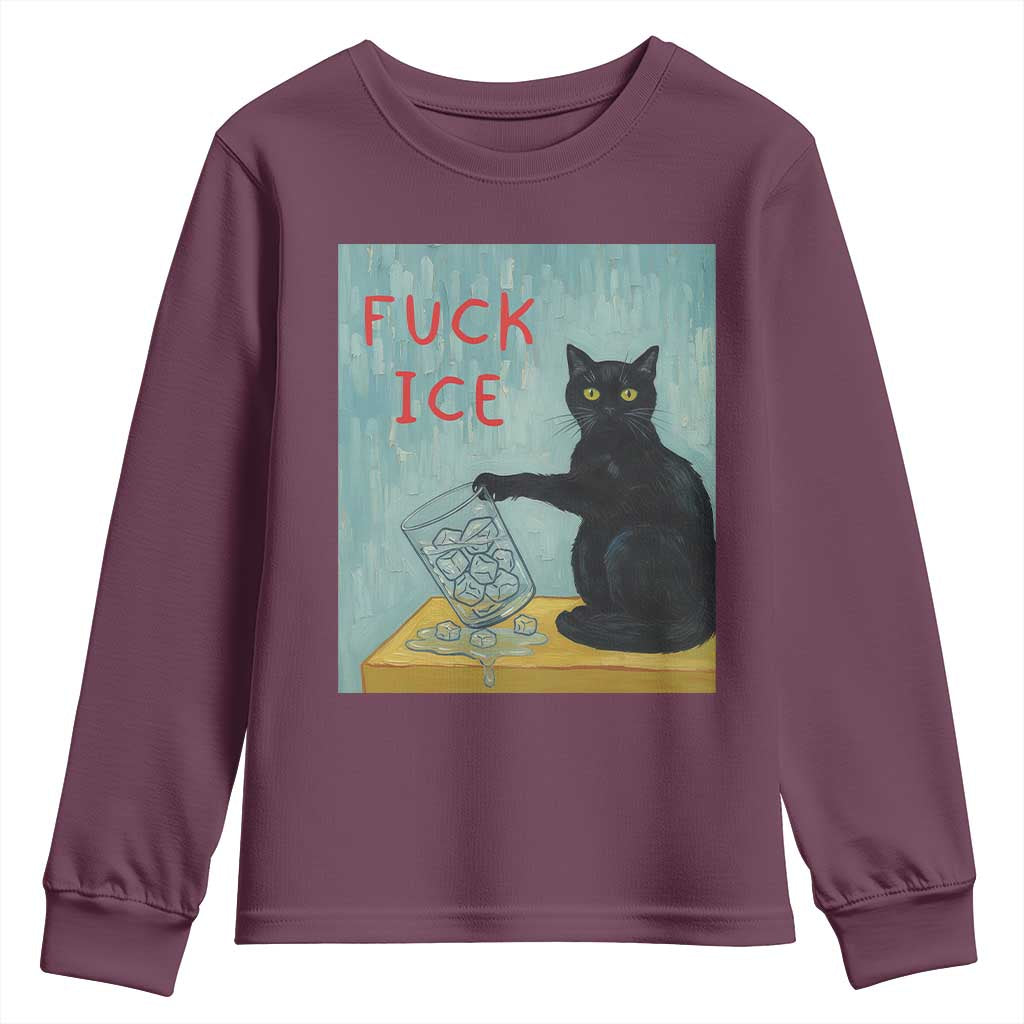 No Ice Please Youth Sweatshirt Funny Cat Anti ICE Artist Meme TS14 Maroon Print Your Wear