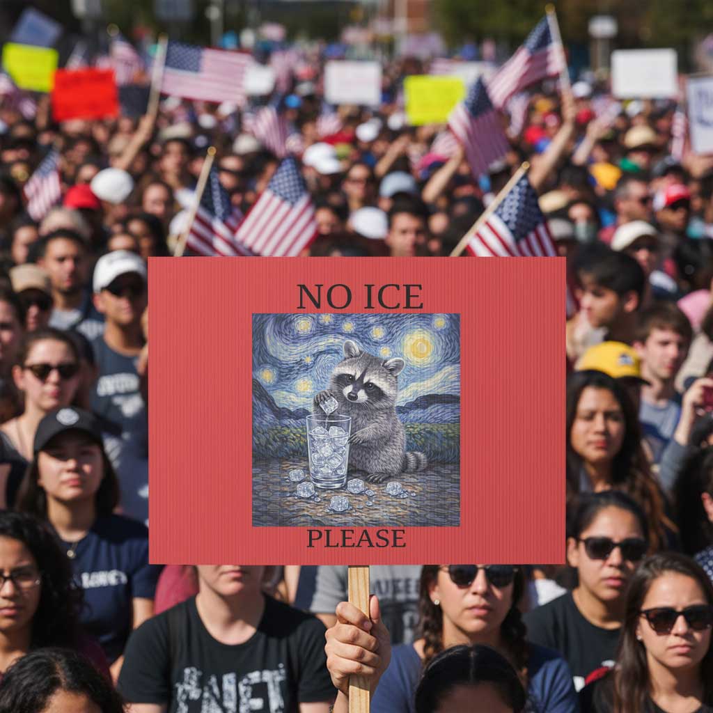 No Ice Please Protest Sign Starry Night Raccoon Trash Panda Anti ICE Meme TS14 Horizontal 18