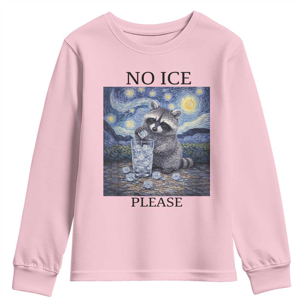 No Ice Please Youth Sweatshirt Starry Night Raccoon Trash Panda Anti ICE Meme TS14 Light Pink Print Your Wear