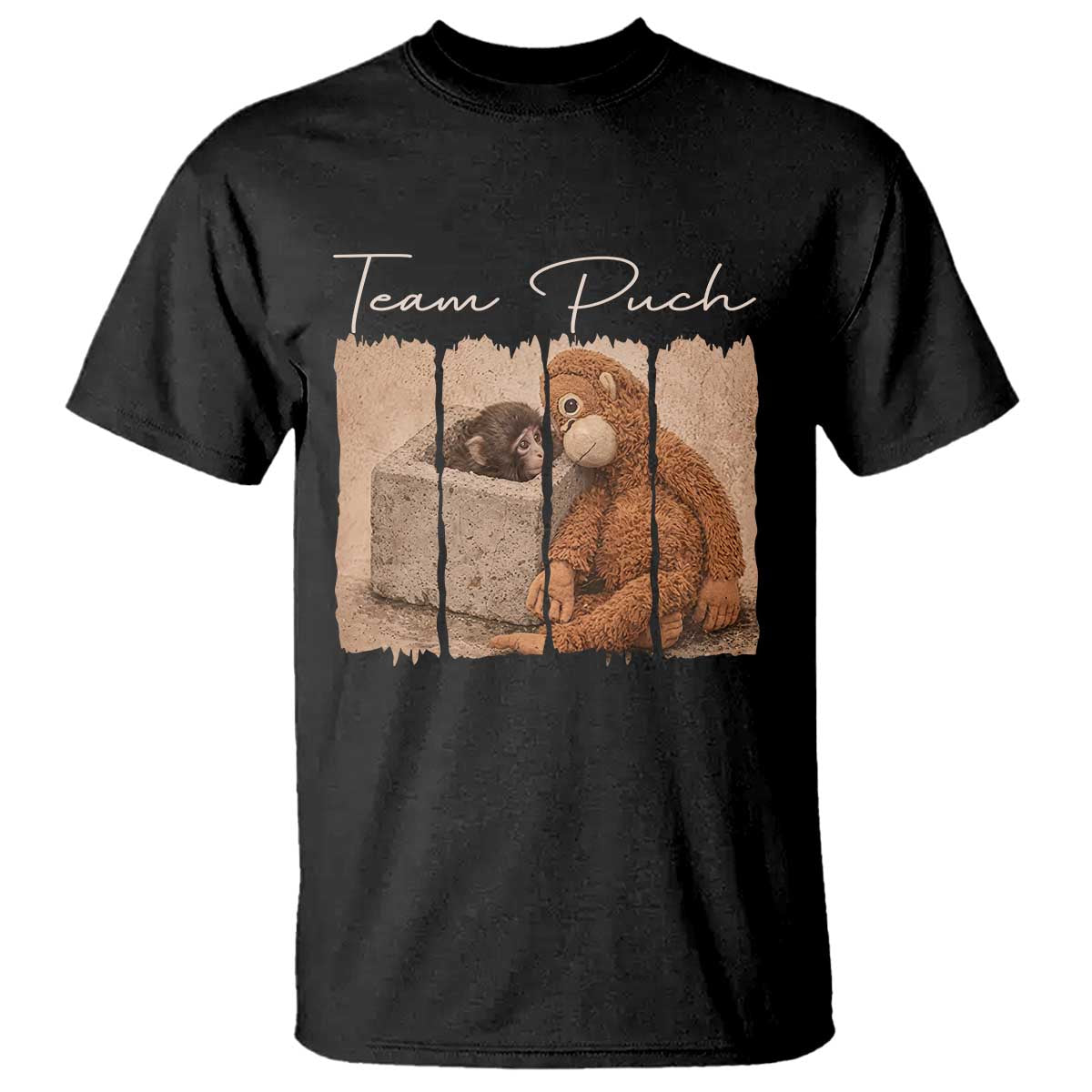 Team Punch T Shirt Baby Monkey And Plush Toy Viral TS14 Black Print Your Wear