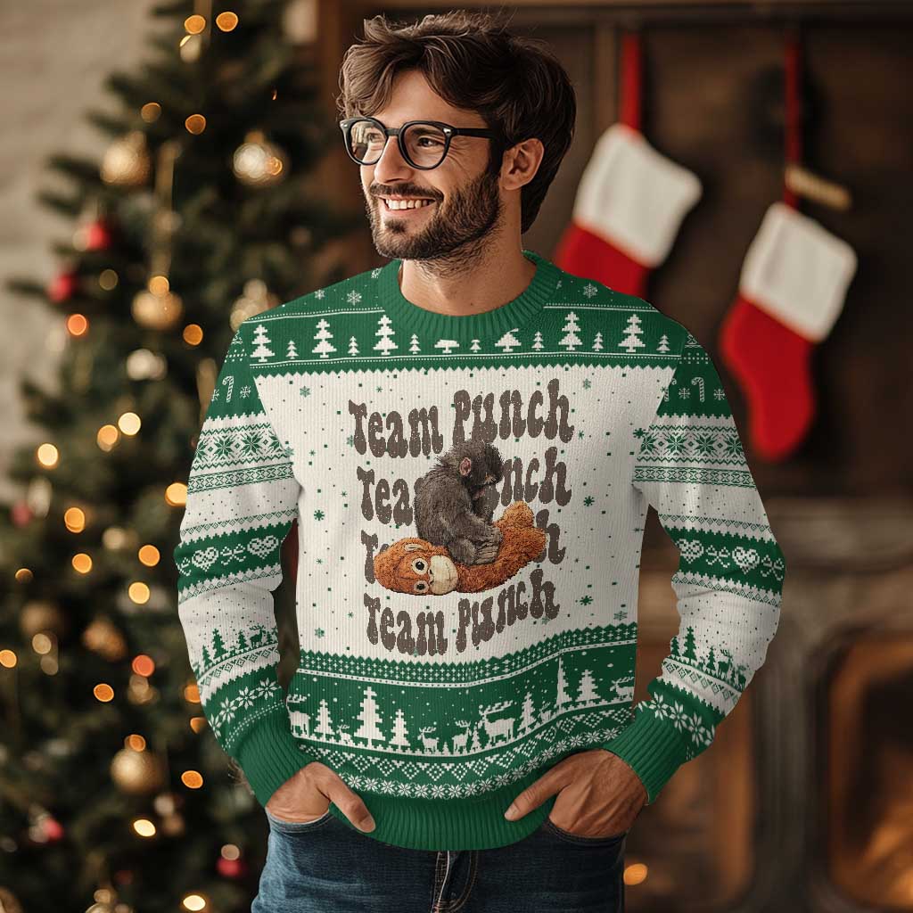 Team Punch Monkey Ugly Christmas Sweater Baby Monkey And Plush Toy Viral TS14 Beige Green Print Your Wear