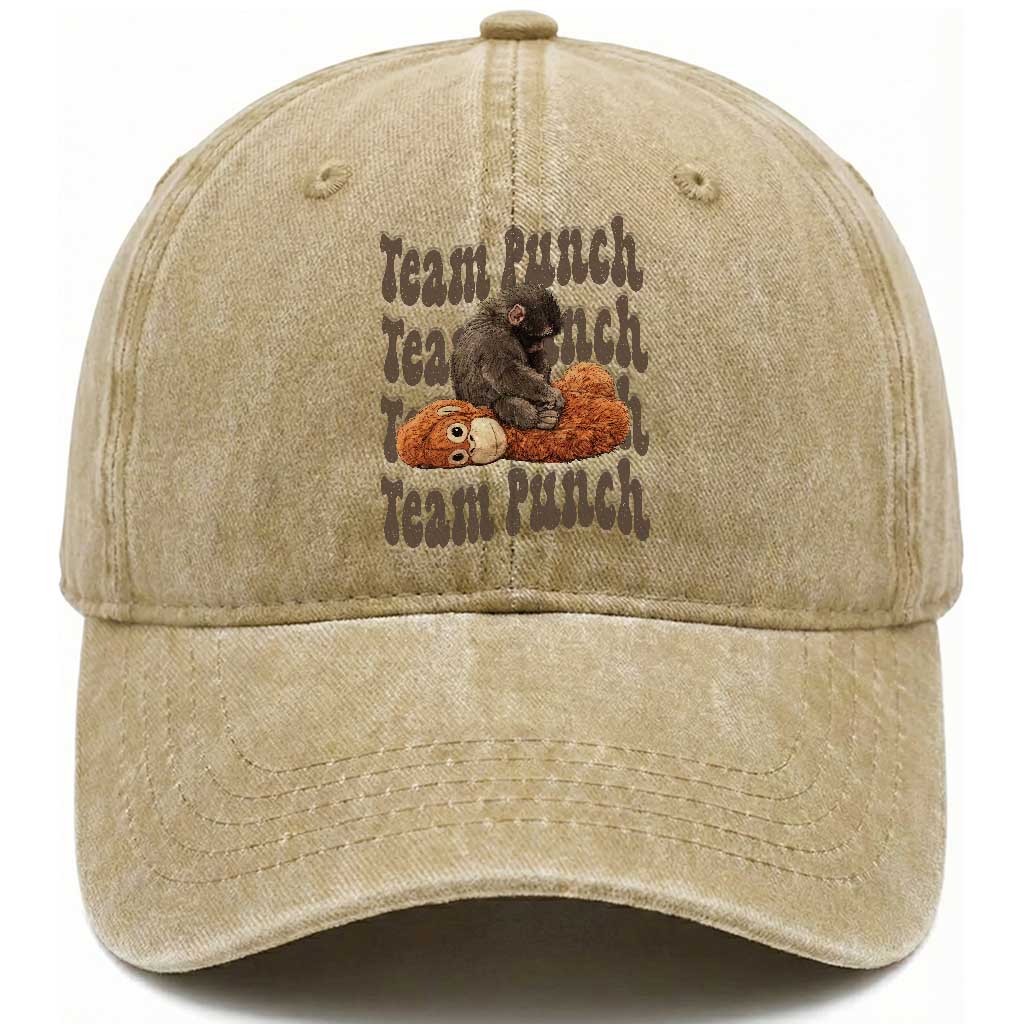 Team Punch Monkey Washed Cotton Baseball Cap Baby Monkey And Plush Toy Viral TS14 Washed Cap Universal Fit Khaki Print Your Wear