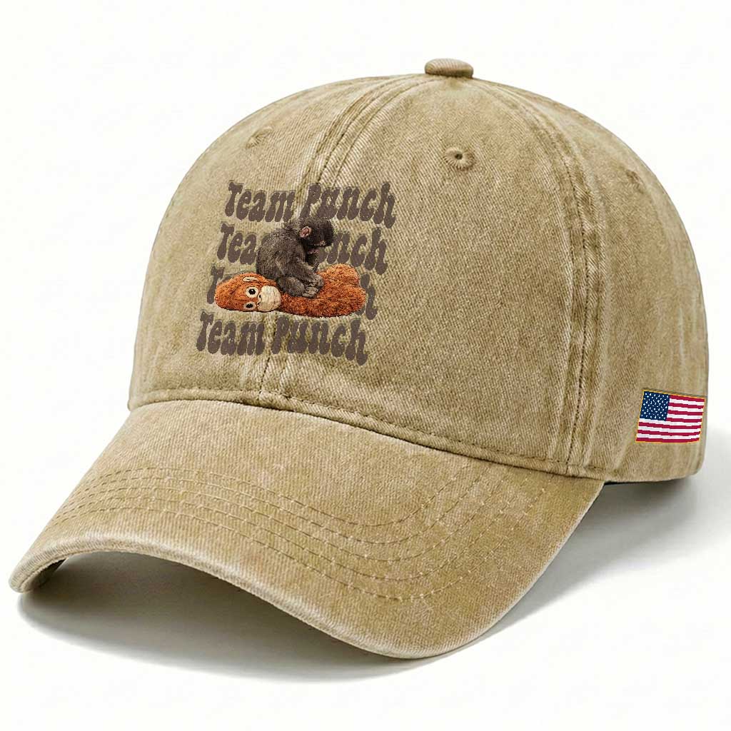 Team Punch Monkey Washed Cotton Baseball Cap Baby Monkey And Plush Toy Viral TS14 Print Your Wear