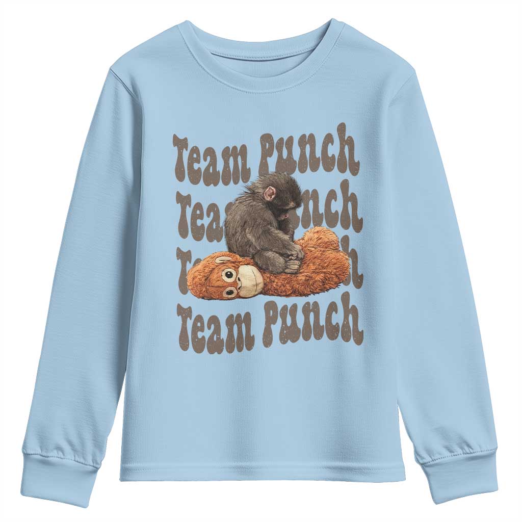 Team Punch Monkey Youth Sweatshirt Baby Monkey And Plush Toy Viral TS14 Light Blue Print Your Wear