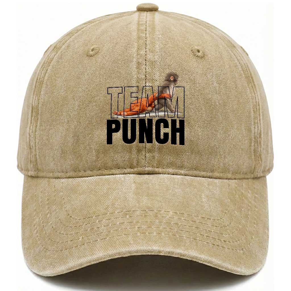 Team Punch Monkey Washed Cotton Baseball Cap Viral Trend Baby Monkey Meme TS14 Washed Cap Universal Fit Khaki Print Your Wear