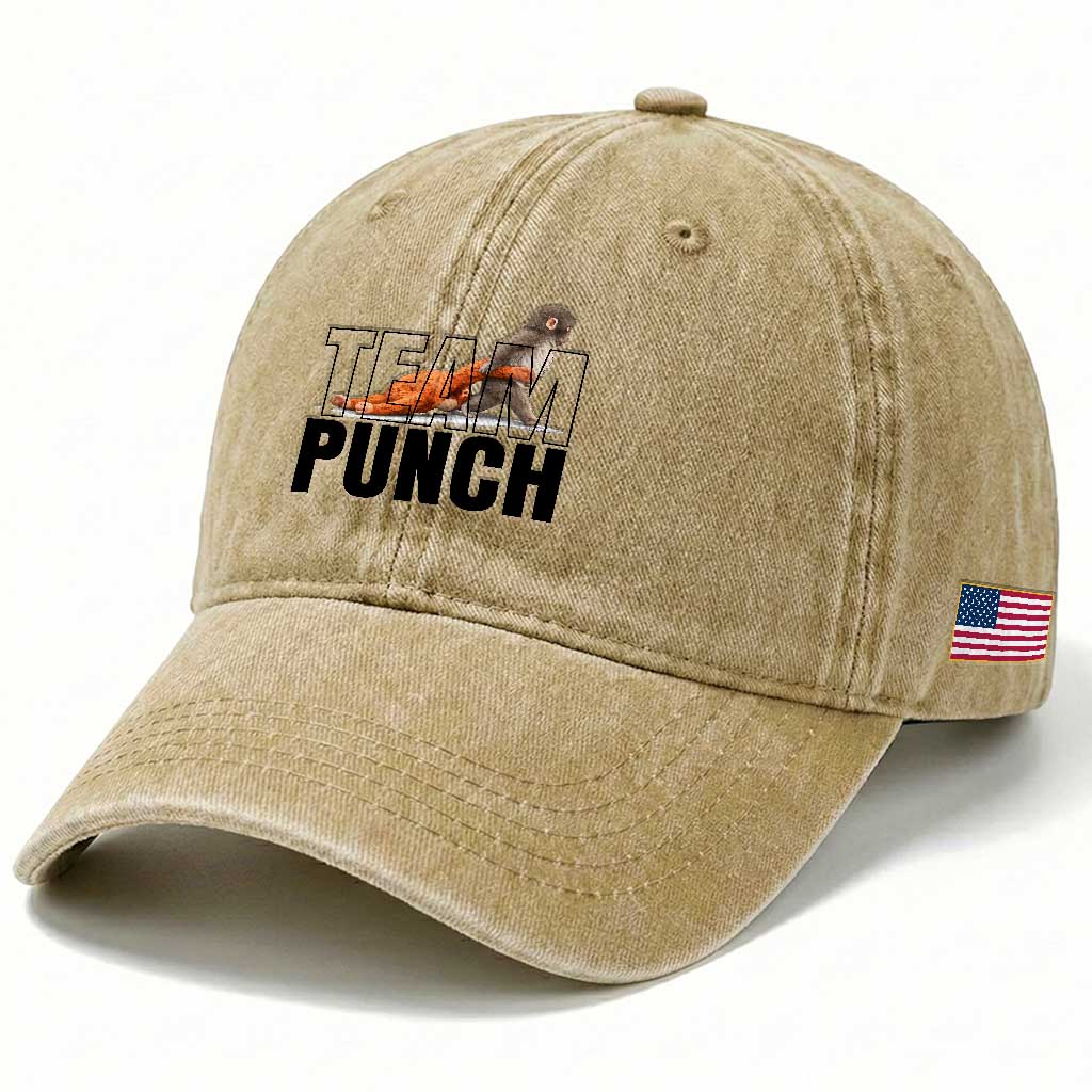 Team Punch Monkey Washed Cotton Baseball Cap Viral Trend Baby Monkey Meme TS14 Print Your Wear