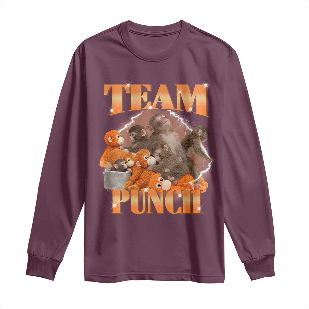 Viral Punch Monkey Long Sleeve Shirt Cute Baby Monkey With Plush Toy Meme TS14 Maroon Print Your Wear