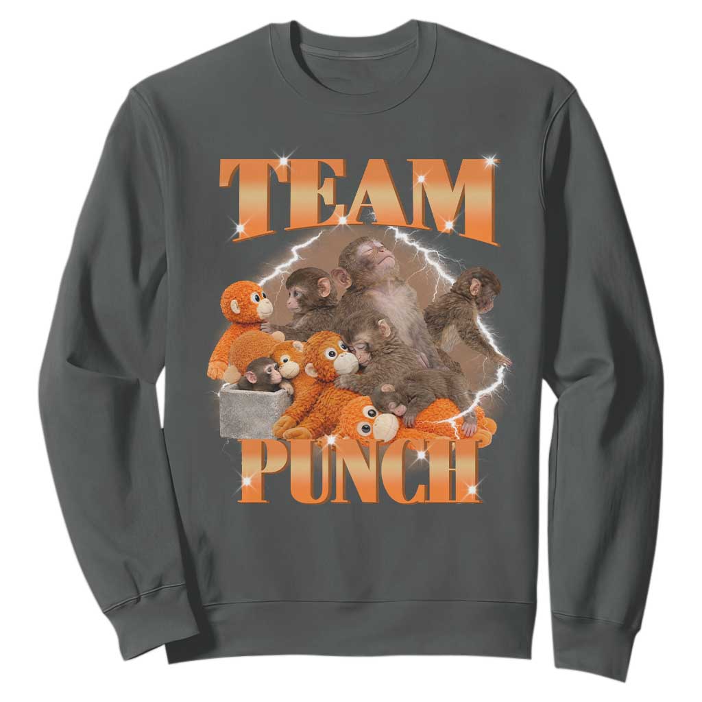 Viral Punch Monkey Sweatshirt Cute Baby Monkey With Plush Toy Meme TS14 Dark Heather Print Your Wear