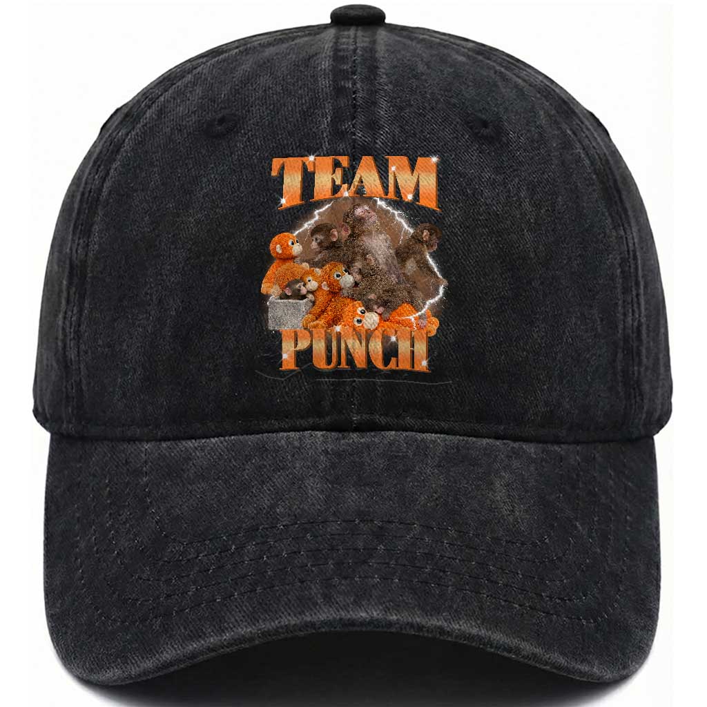 Viral Punch Monkey Washed Cotton Baseball Cap Cute Baby Monkey With Plush Toy Meme TS14 Washed Cap Universal Fit Black Print Your Wear