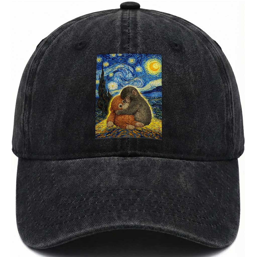 Punch Monkey Starry Night Viral Trend Washed Cotton Baseball Cap TS14 Washed Cap Universal Fit Black Print Your Wear