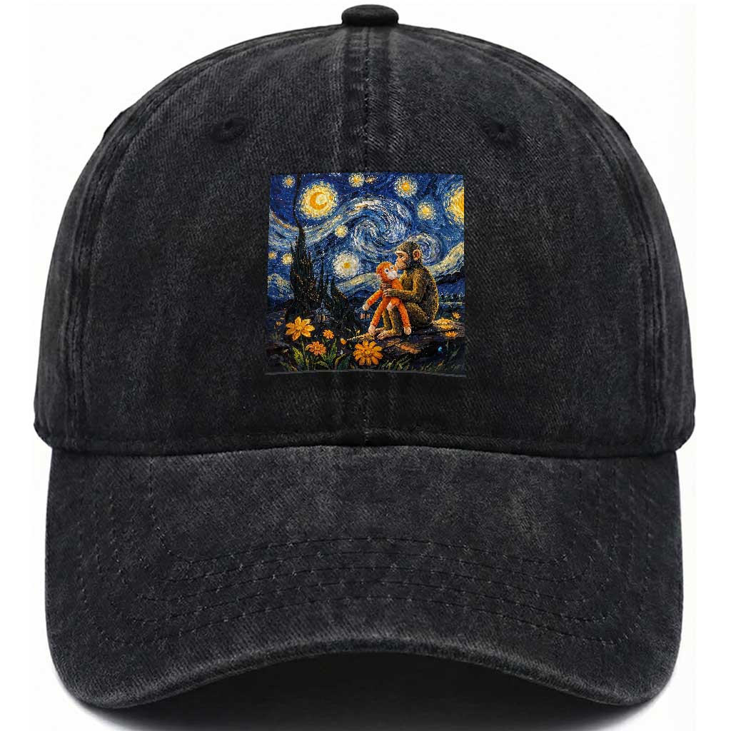 Baby Monkey Punch Starry Night Viral Trend Washed Cotton Baseball Cap TS14 Washed Cap Universal Fit Black Print Your Wear