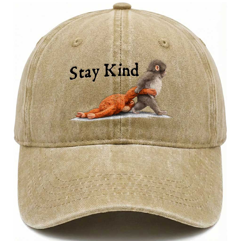 Punch The Monkey Meme Washed Cotton Baseball Cap Stay Kind TS14 Washed Cap Universal Fit Khaki Print Your Wear