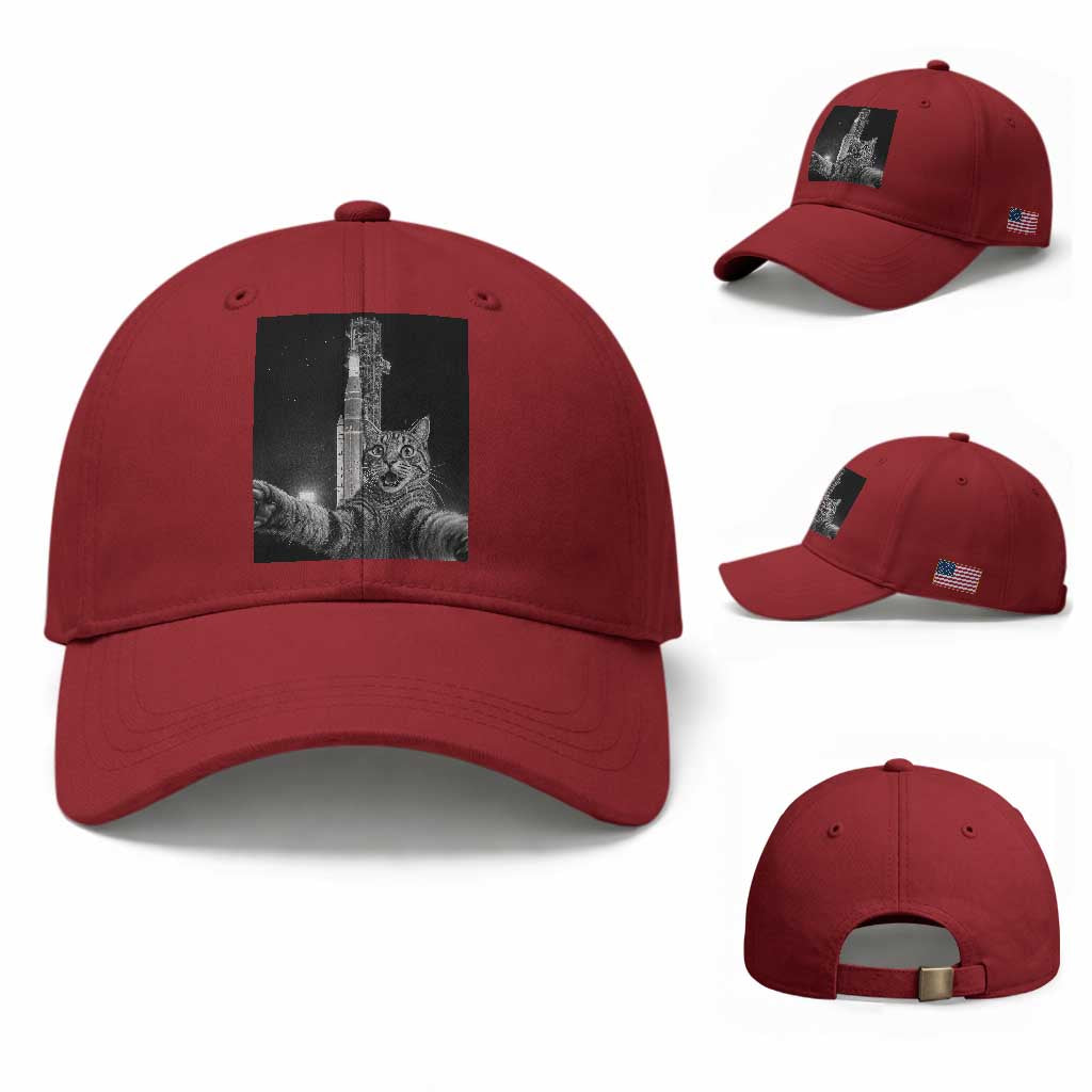 Funny Cat Selfie Lunar Mission 2026 Baseball Cap TS14 Baseball Cap Universal Fit Cherry Red Print Your Wear