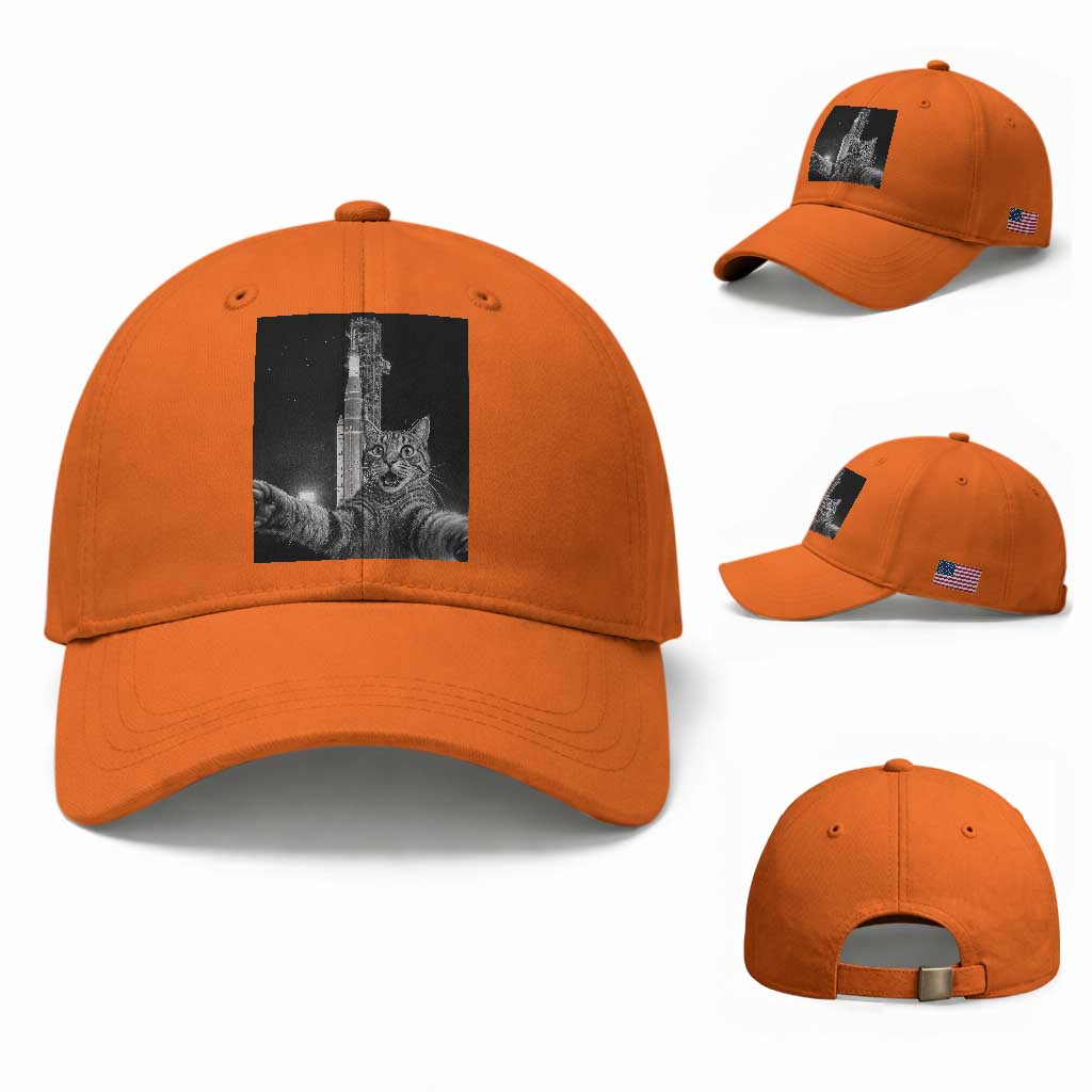 Funny Cat Selfie Lunar Mission 2026 Baseball Cap TS14 Baseball Cap Universal Fit Orange Print Your Wear