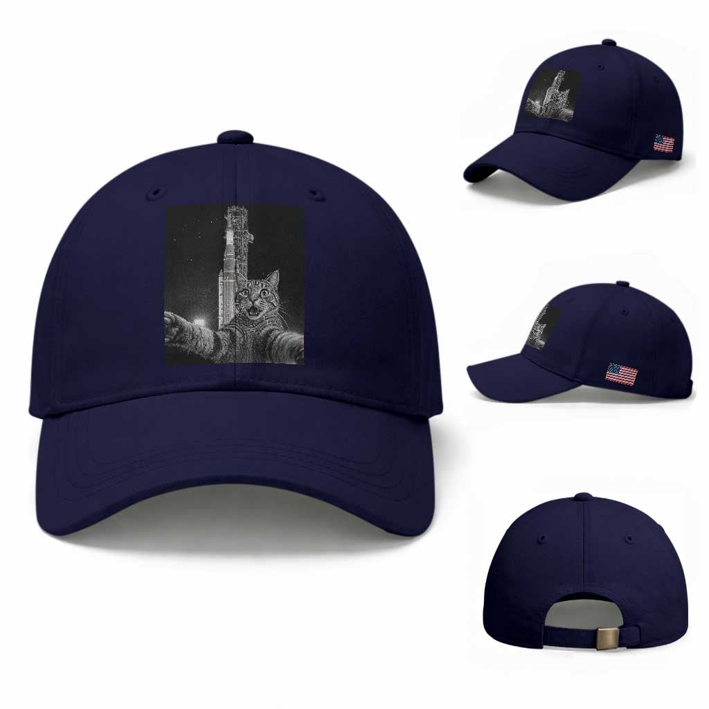 Funny Cat Selfie Lunar Mission 2026 Baseball Cap TS14 Baseball Cap Universal Fit Dark Blue Print Your Wear