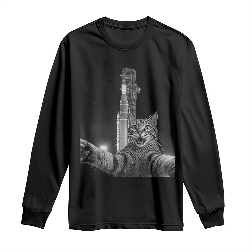 Funny Cat Selfie Lunar Mission 2026 Long Sleeve Shirt TS14 Black Print Your Wear