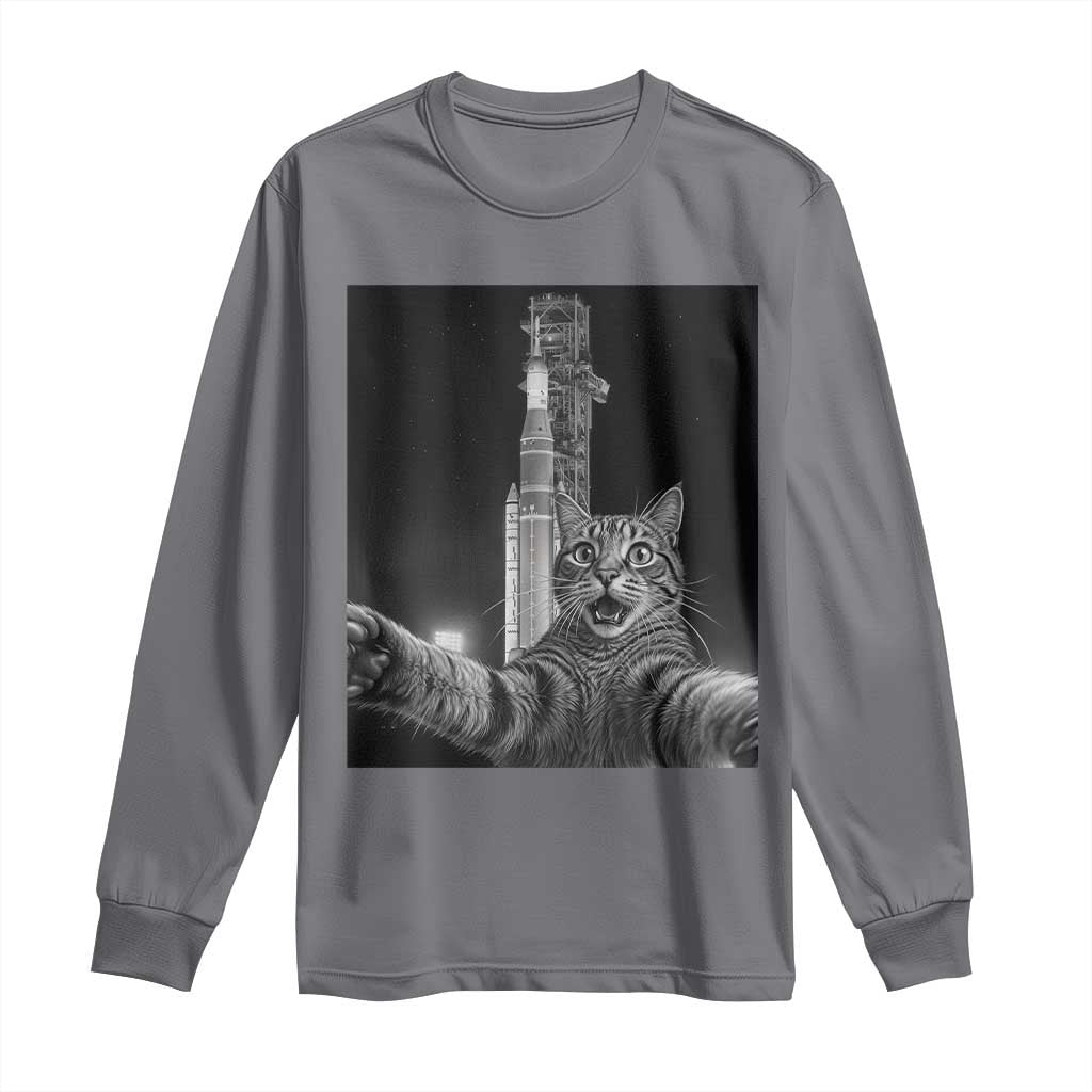 Funny Cat Selfie Lunar Mission 2026 Long Sleeve Shirt TS14 Charcoal Print Your Wear