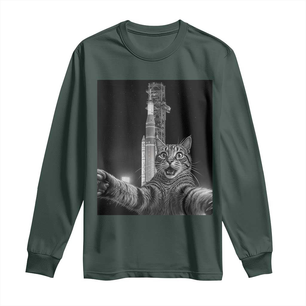 Funny Cat Selfie Lunar Mission 2026 Long Sleeve Shirt TS14 Dark Forest Green Print Your Wear