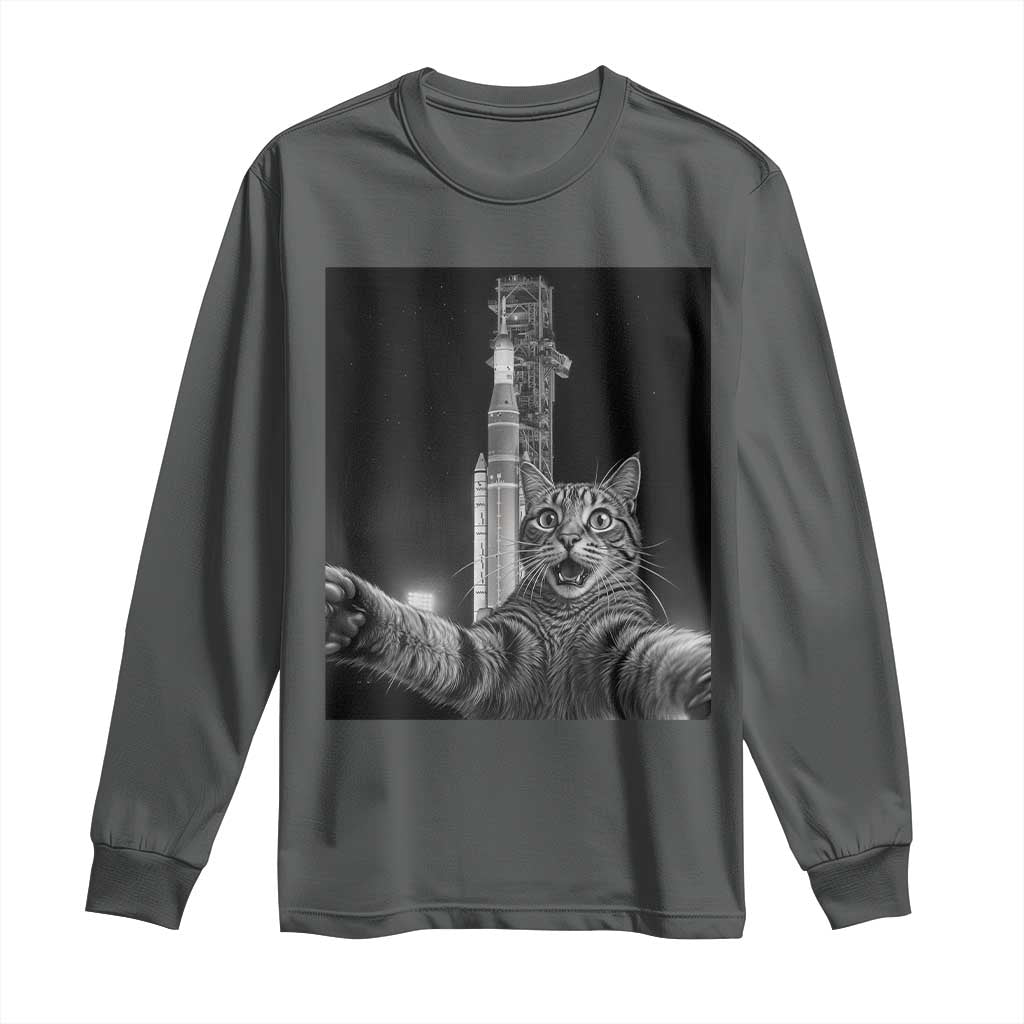 Funny Cat Selfie Lunar Mission 2026 Long Sleeve Shirt TS14 Dark Heather Print Your Wear