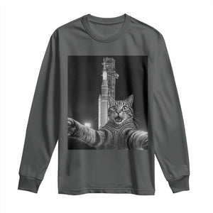 Funny Cat Selfie Lunar Mission 2026 Long Sleeve Shirt TS14 Dark Heather Print Your Wear