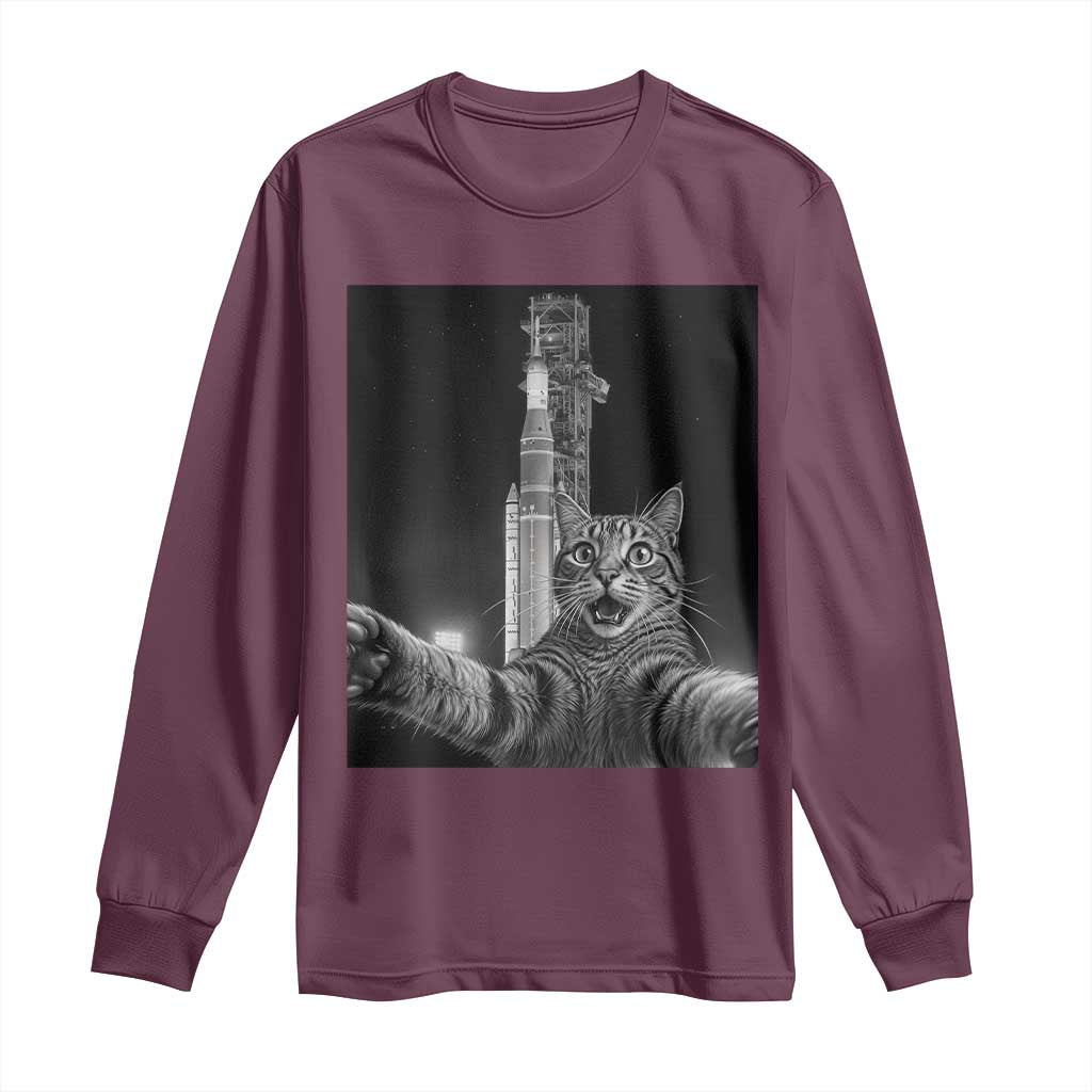 Funny Cat Selfie Lunar Mission 2026 Long Sleeve Shirt TS14 Maroon Print Your Wear