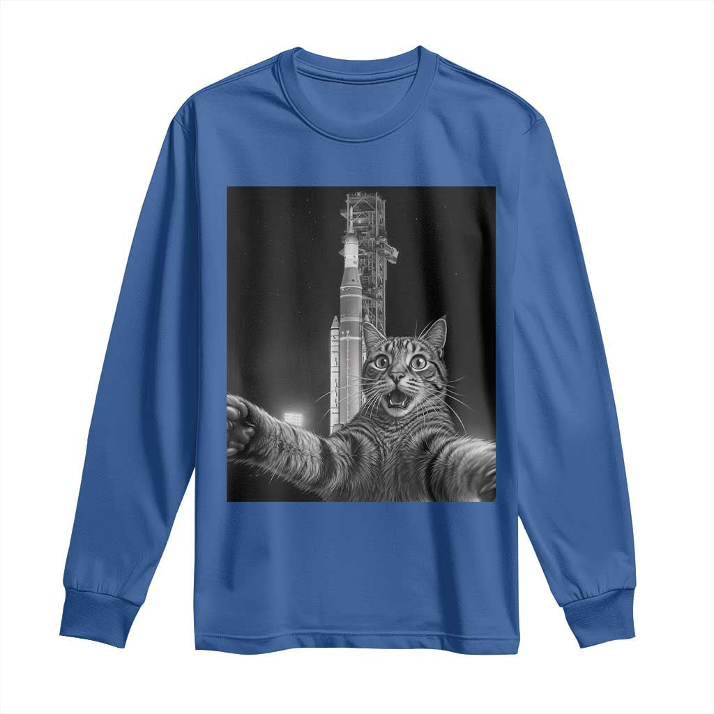 Funny Cat Selfie Lunar Mission 2026 Long Sleeve Shirt TS14 Royal Blue Print Your Wear