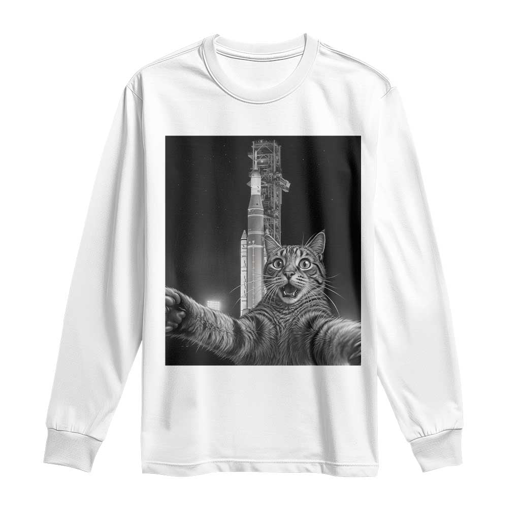 Funny Cat Selfie Lunar Mission 2026 Long Sleeve Shirt TS14 White Print Your Wear