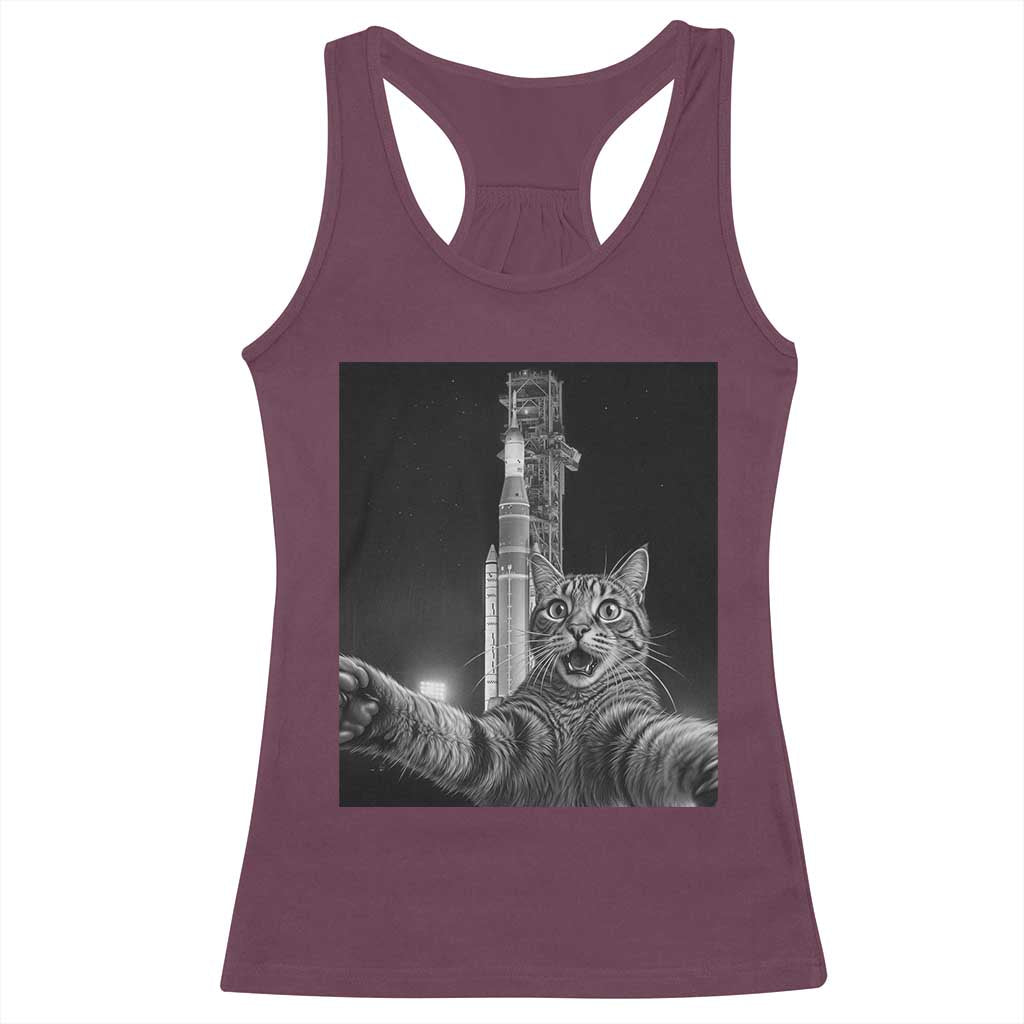 Funny Cat Selfie Lunar Mission 2026 Racerback Tank Top TS14 Maroon Print Your Wear