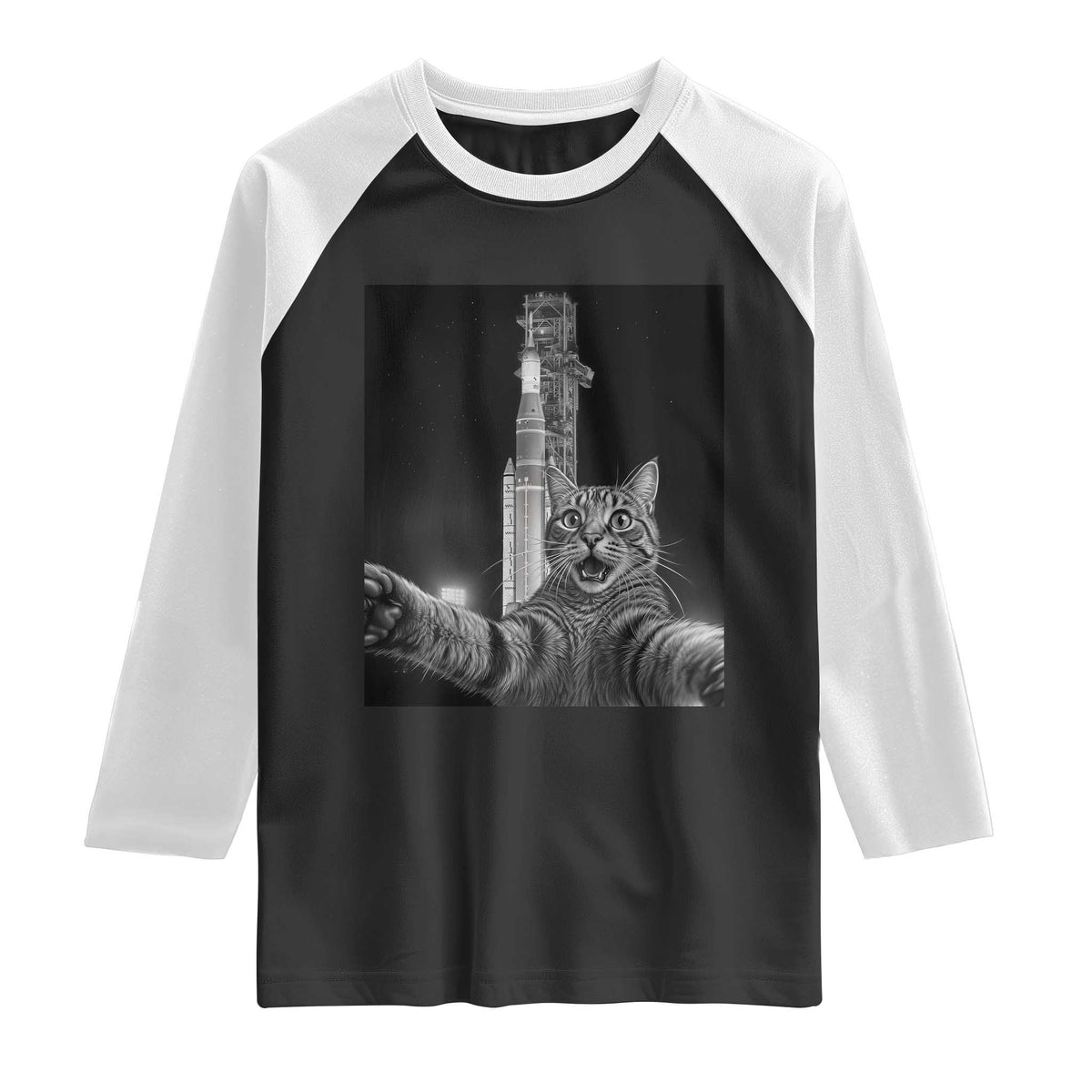 Funny Cat Selfie Lunar Mission 2026 Raglan Shirt TS14 Black White Print Your Wear