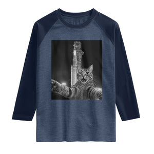Funny Cat Selfie Lunar Mission 2026 Raglan Shirt TS14 Heather Denim Navy Print Your Wear