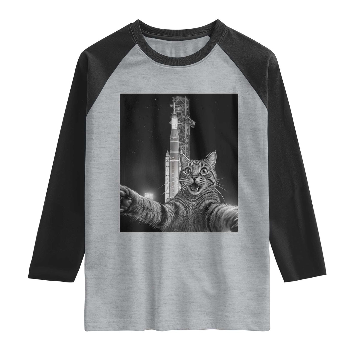 Funny Cat Selfie Lunar Mission 2026 Raglan Shirt TS14 Heather Gray Black Print Your Wear