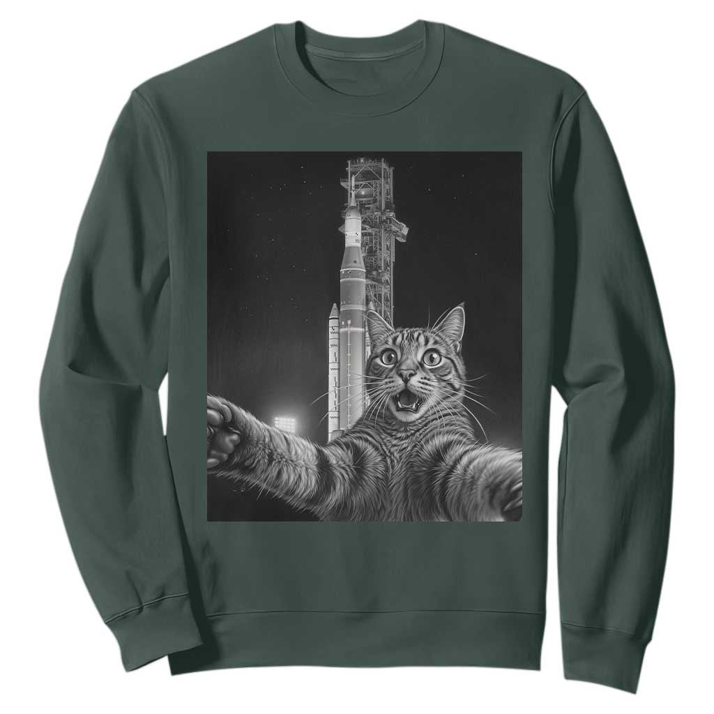 Funny Cat Selfie Lunar Mission 2026 Sweatshirt TS14 Dark Forest Green Print Your Wear